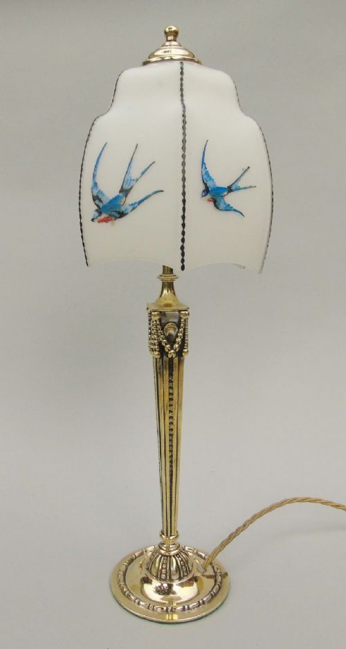 Pretty Antique Brass Table Lamp Swallow Shade