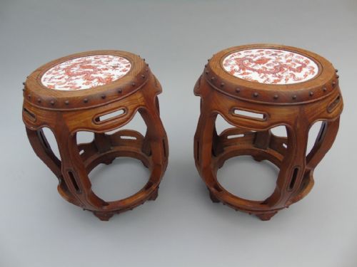 Pair of Antique Chinese Hardwood Barrel Stools Porcelain Inset Dragons