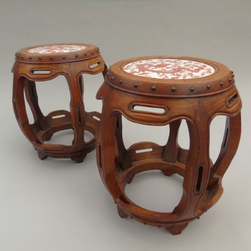 fig 1. Pair of Antique Chinese Hardwood Barrel Stools Porcelain Inset Dragons