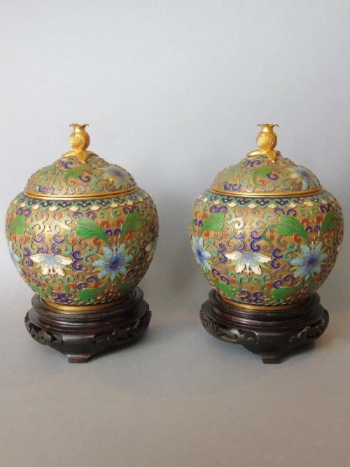 Pair Antique Chinese Cloisonne Lidded Vases with Stands