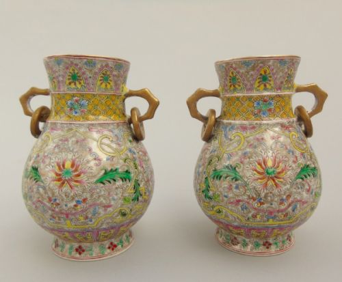 Quality Pair of Antique Chinese Famille Rose Enamelled Vases