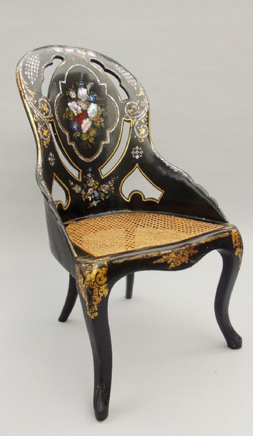Antique Hand Painted Papier Mache and Mother of Pearl Chair 19th Century