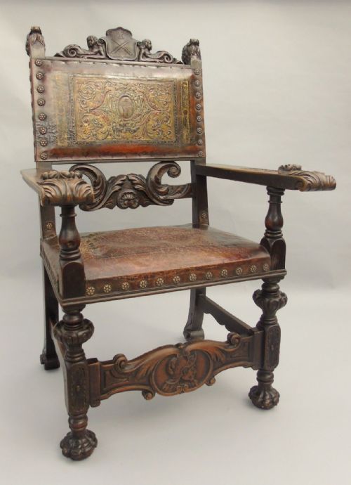 Carved Walnut and Painted Leather Spanish Throne Chair 19th Century