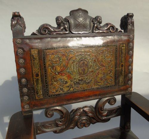 fig 1. Carved Walnut and Painted Leather Spanish Throne Chair 19th Century