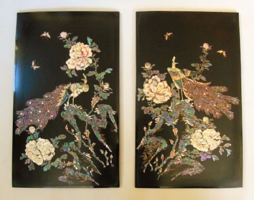Pair of Japanese Meiji Shibayama Lacquer Plaques with Mother of Pearl