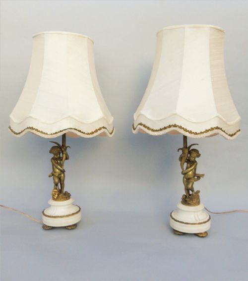 Pair of French Gilt Bronze & Marble Cherub Table Lamps