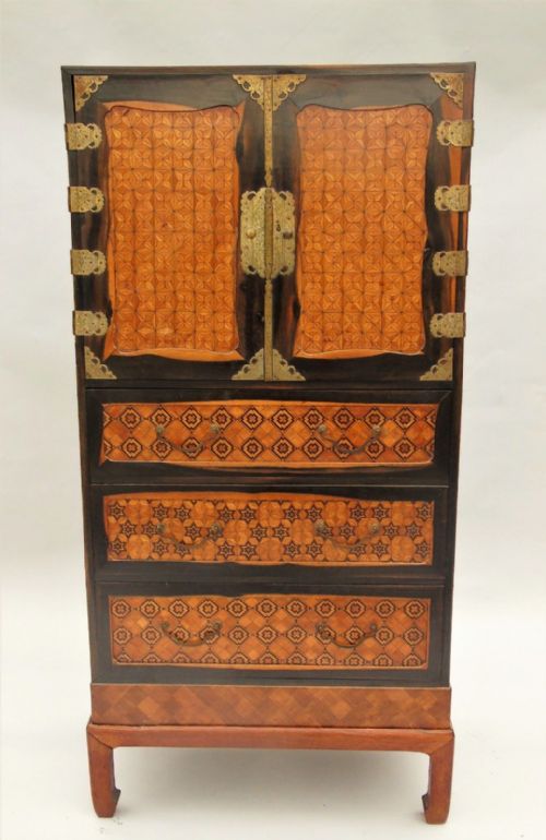 Japanese Parquetry and Brass Bound Cabinet Meiji