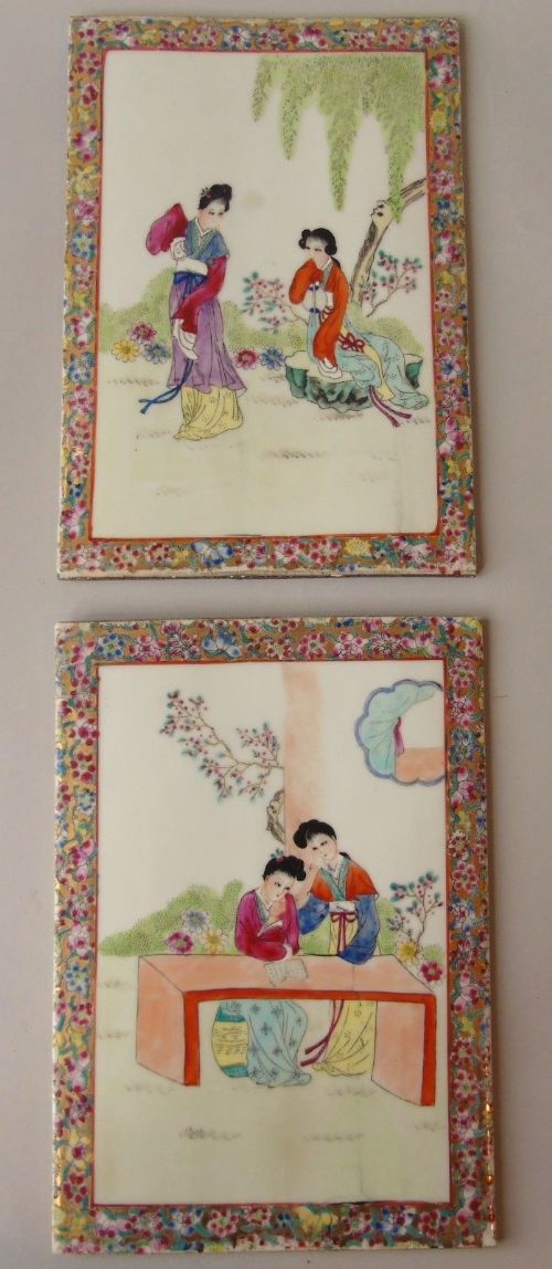 Pair of Chinese Famille Rose Hand Painted Porcelain Plaques