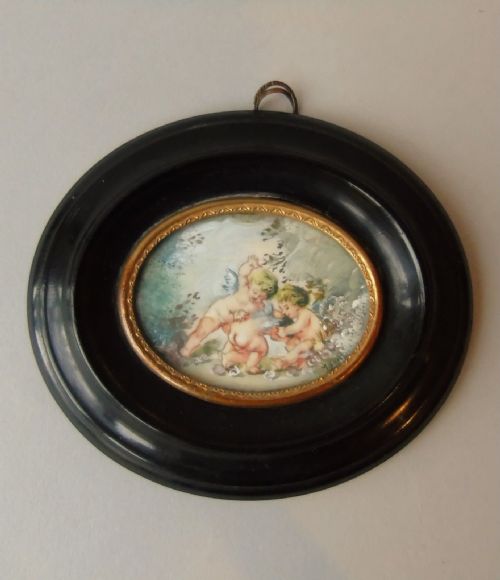 Antique Hand Painted Cherub Watercolour on Ivory Oval Frame