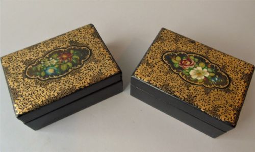 Pair Antique Hand Painted Papier Mache Trinket Boxes