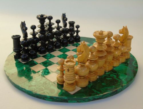 Good Antique Chess Set in Ebony & Boxwood on Malachite Board
