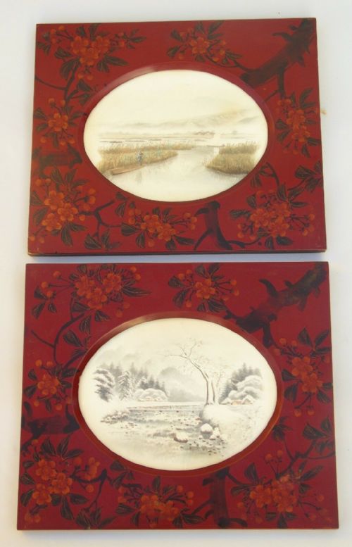 Good Pair of Japanese Watercolour Paintings in Red Lacquer Frames