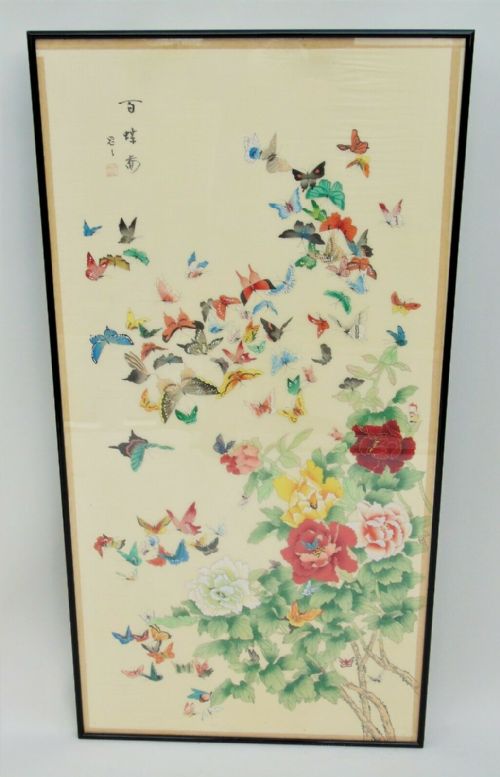Large Antique Chinese Butterfly Painting on Silk