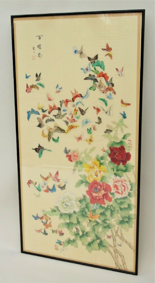 fig 1. Large Antique Chinese Butterfly Painting on Silk