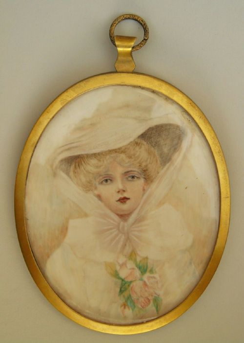 Early 20th Century Gilt Frame Miniature Watercolour Edwardian Beauty