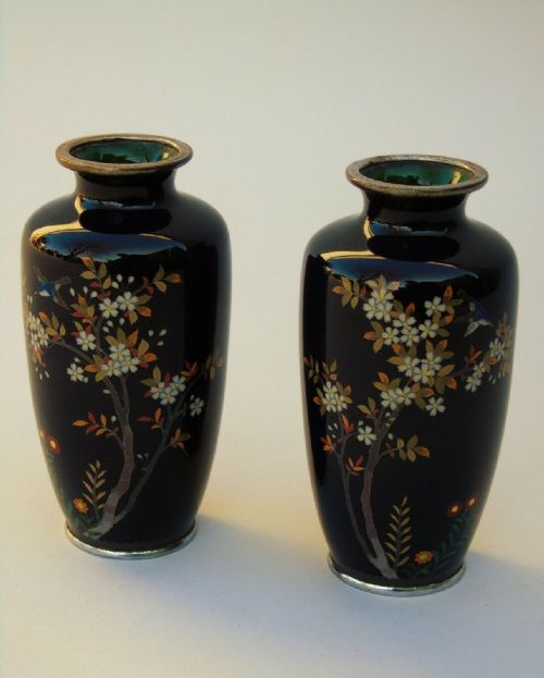 Good Pair of Japanese Cloisonne Vases Birds in Blossom