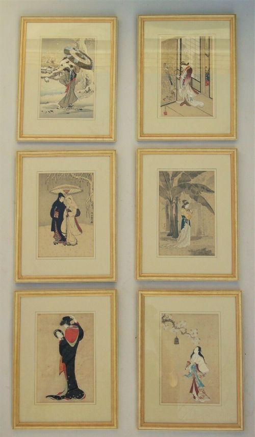 Set of 6 Antique Japanese Woodblock Prints