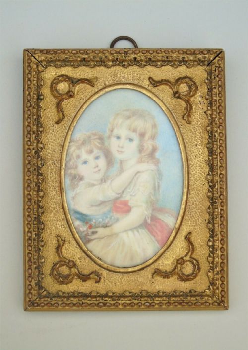 Antique Miniature Watercolour Portrait Sisters