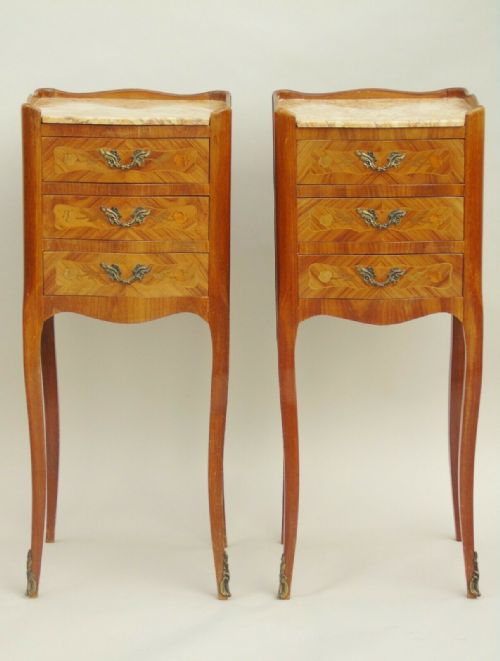 Antique Pair of French Kingwood & Marble Bedside Cabinets