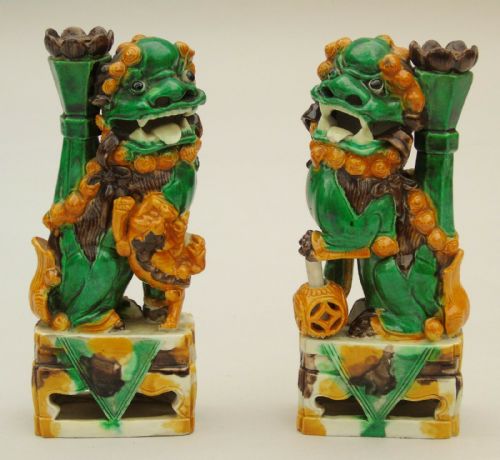 Pair of Antique Chinese Tang Sancai Buddhist Lions