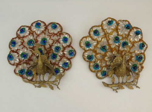 Fabulous Pair of Art Deco Glass Beaded Peacock Wall Lights