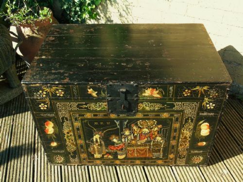 fig 1. Antique Elm Painted Tibetan Chest Possible Pair