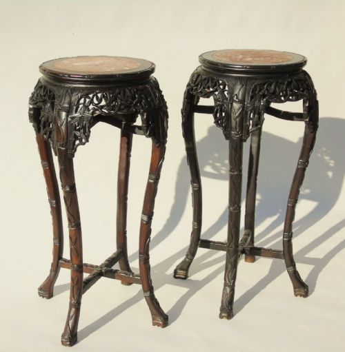 Large Pair of Antique Chinese Hardwood Stands with Rouge Marble