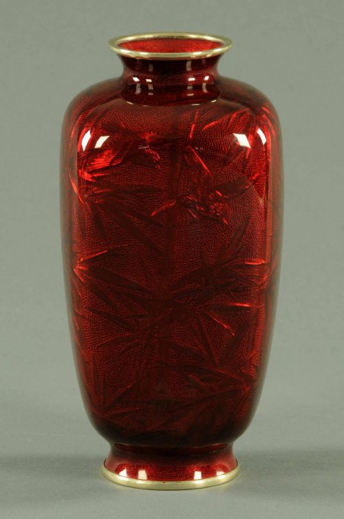 Large Japanese Akasuke Ginbari Cloisonne Vase Kemeno Teitaro