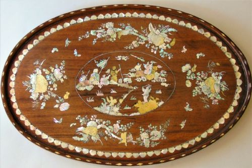 Beautiful Chinese Mother of Pearl Inlaid Rosewood Tray