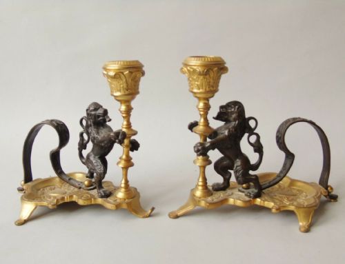 19th Century Gilt Bronze Rampant Lion Candlesticks