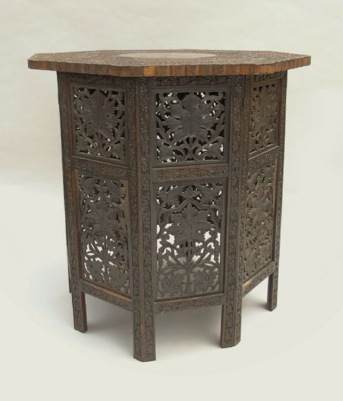 Antique Carved Indian Hardwood Table Inlaid Brass