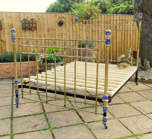 Victorian Brass Kingsize Bed Aesthetic Period with Calico Ceramic Detail