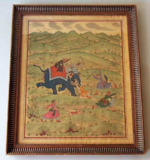 Antique Indian Painting on Silk Elephant Tiger Hunt