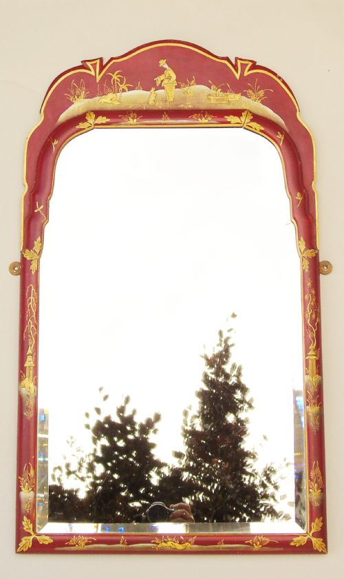 Antique Red Lacquer Chinoiserie Mirror
