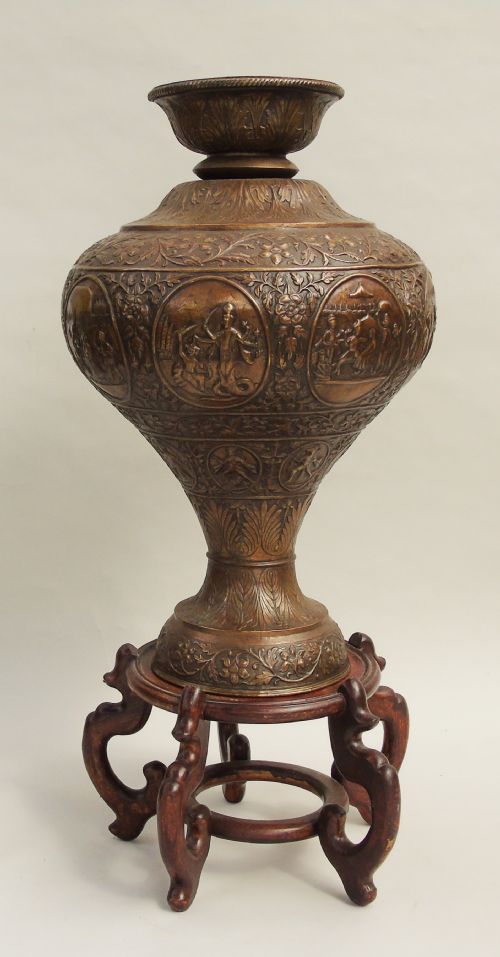 Large Antique Thai Copper Vase on Stand