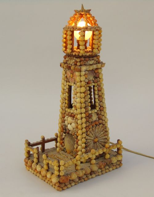 Vintage Folk Art Antique Shell Lamp Lighthouse
