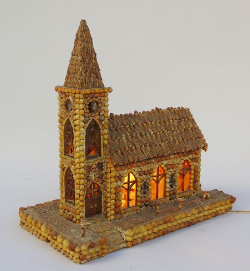 Vintage Folk Art Antique Shell Lamp Model Church
