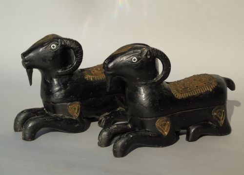 Unusual Pair of Antique Indian Carved Ram Boxes with Mica Panels
