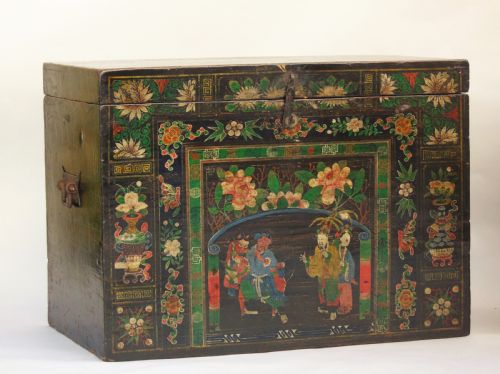 Antique Tibetan Elm Painted Chest Possible Near Pair
