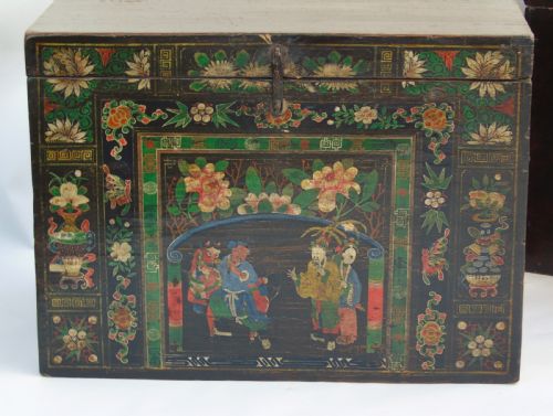 fig 1. Antique Tibetan Elm Painted Chest Possible Near Pair