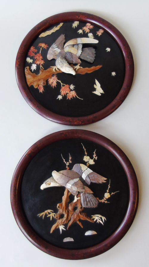 Antique Meiji Shibayama Plaques Eagles