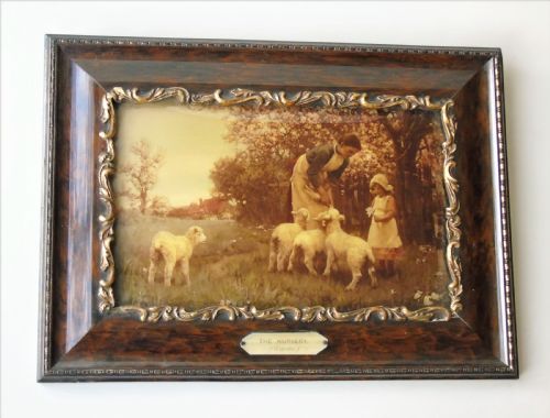 Beautiful Antique Crystoleum Baby Lambs Painting on Glass