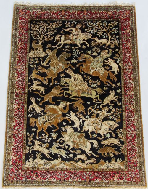 Fine Antique Ghom Silk Hunting Design Rug