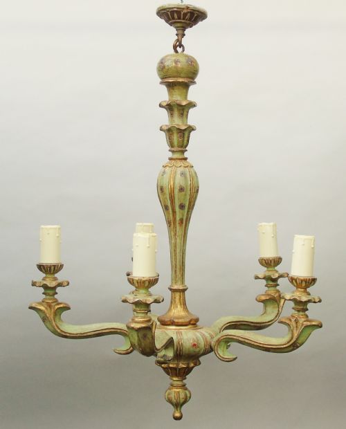 Elegant Venetian Carved and Hand Painted 5 Light Chandelier