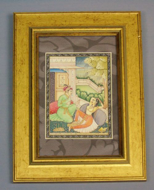 Antique Indian Miniature Painting (Lovers in Garden)