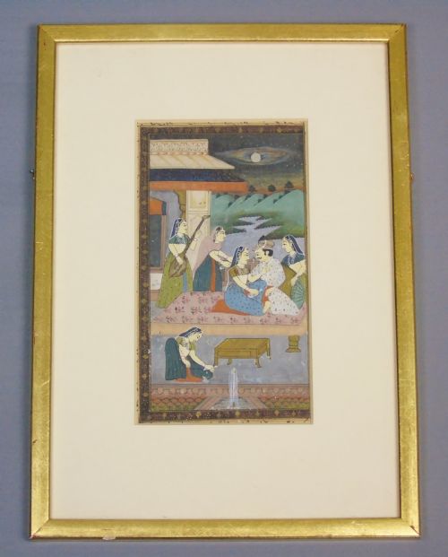 Antique Indian Gouache Painting Figures on a Terrace 19th Century