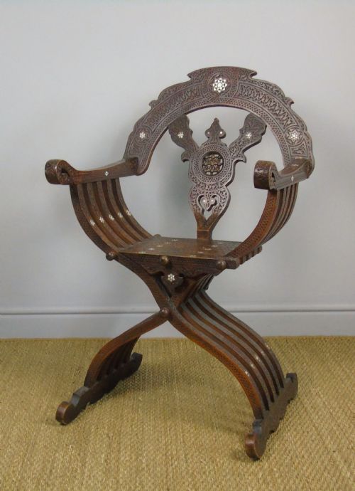 Antique Inlaid Syrian Hardwood Savonorola Armchair