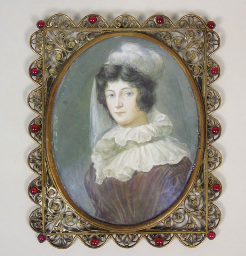Early 19th Miniature Portrait Georgian Lady in White Lace Cap
