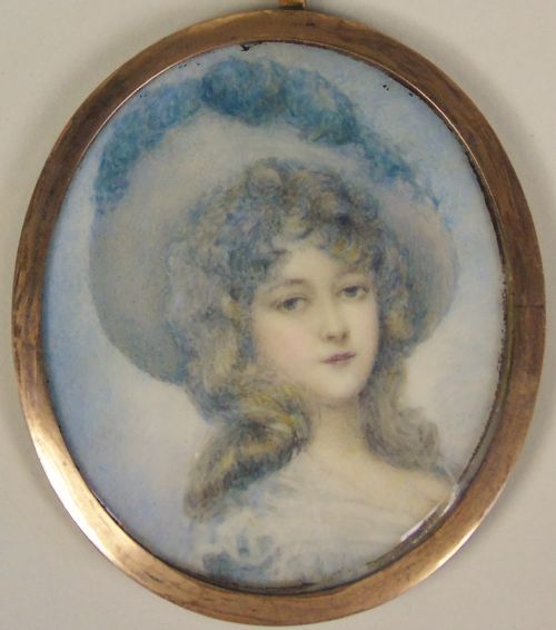 English School Miniature Portrait on Ivory of Girl in Feathered Hat