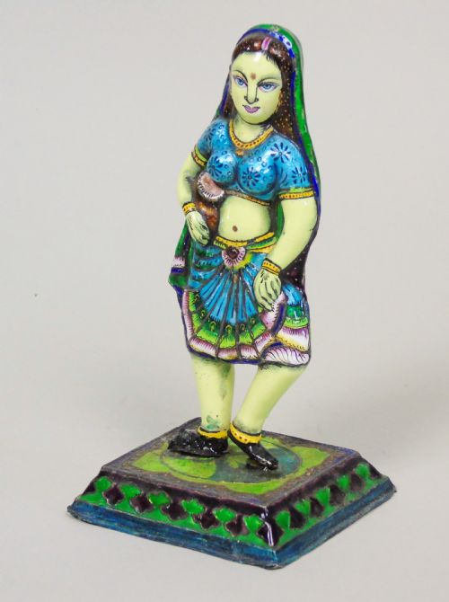 Antique Indian Figure of Girl White Metal and Hardstone